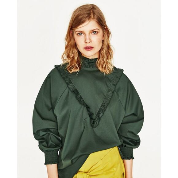 2/$30 Zara Poplin Shirt XS Ruffle Frills Bottle Balloon Sleeve Puff Green #1663 - Picture 1 of 15